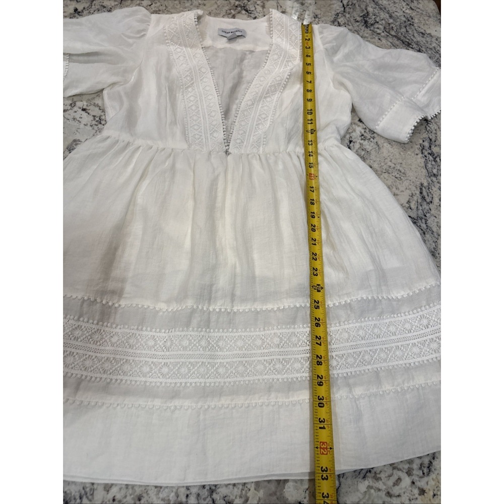Sabina Musayev White Pom-Pom Crochet Trim Ruffle Tiered Mini Dress V-Neck Size L - Picture 9 of 16